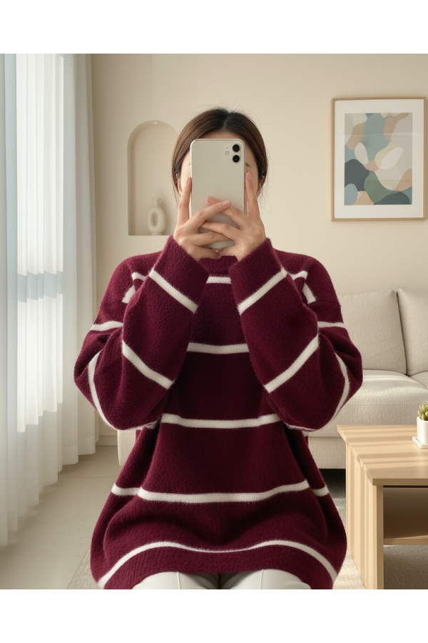 Striped Loose Bearded Knit Tunic -Maroon