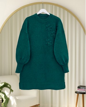 Flower Patterned Stoned Soft Knit Sweater  -Emerald