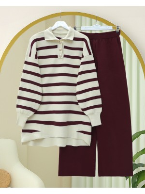 Polo Yaka Düğmeli Çizgili Triko Takım  -Bordo