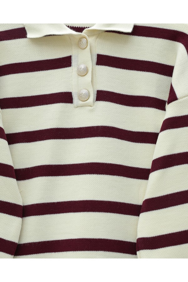 Polo Collar Buttoned Striped Knitwear Suit -Maroon