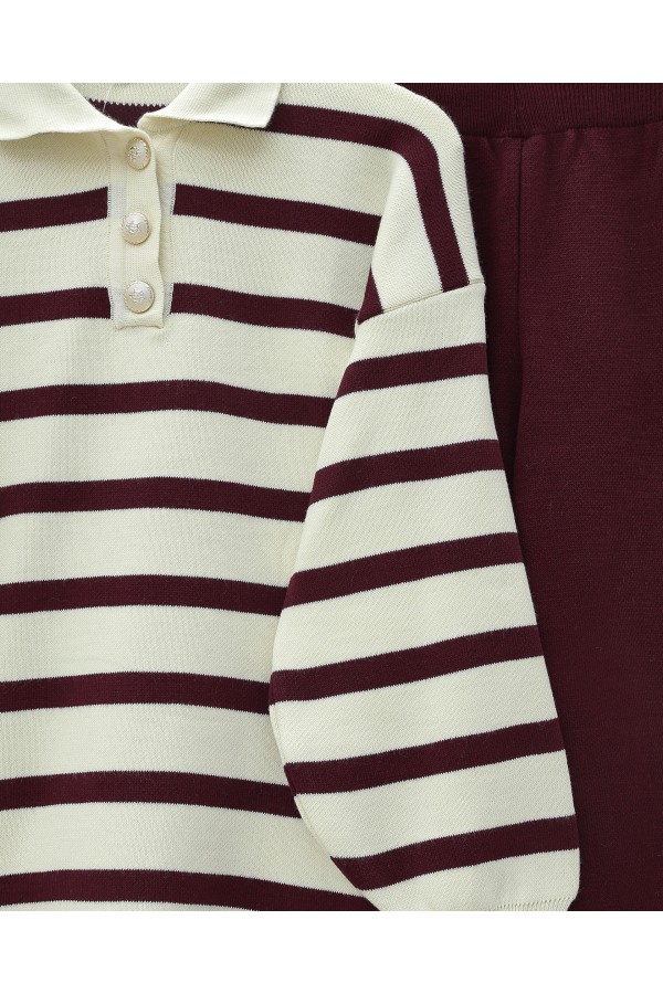 Polo Collar Buttoned Striped Knitwear Suit -Maroon