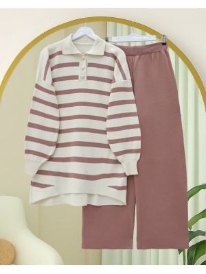 Polo Yaka Düğmeli Çizgili Triko Takım  -G.Kurusu
