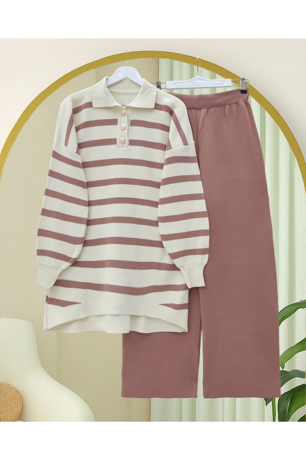 Polo Collar Buttoned Striped Knitwear Suit -Dried rose