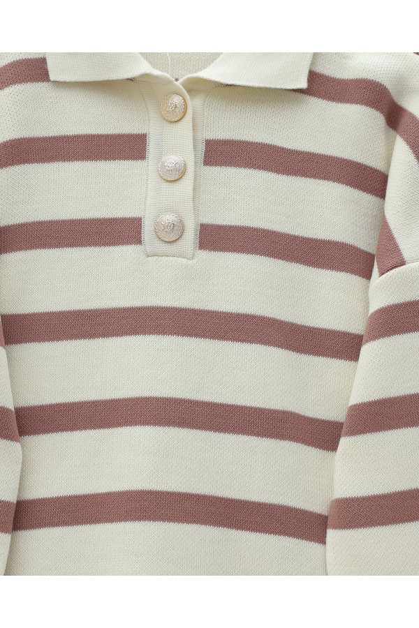 Polo Collar Buttoned Striped Knitwear Suit -Dried rose