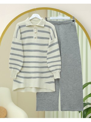 Polo Yaka Düğmeli Çizgili Triko Takım  -Gri