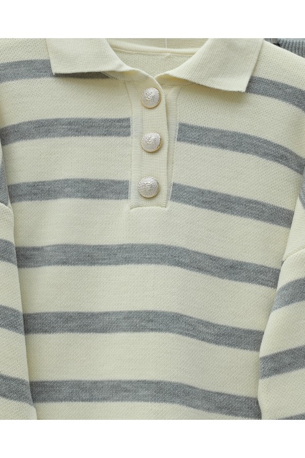 Polo Collar Buttoned Striped Knitwear Suit -Grey
