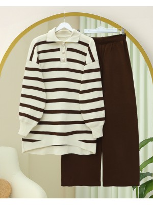 Polo Yaka Düğmeli Çizgili Triko Takım  -Kahve
