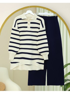 Polo Yaka Düğmeli Çizgili Triko Takım  -Laci