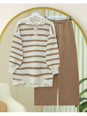 Polo Yaka Düğmeli Çizgili Triko Takım  -Taba