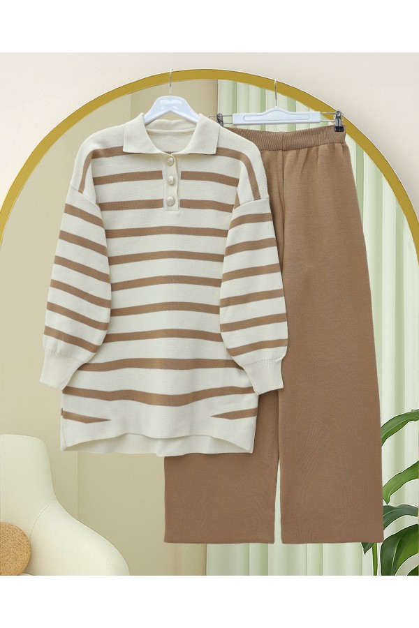 Polo Collar Buttoned Striped Knitwear Suit -Snuff