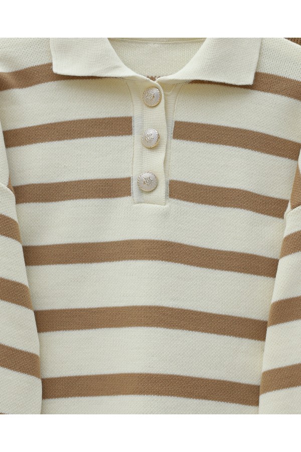 Polo Collar Buttoned Striped Knitwear Suit -Snuff