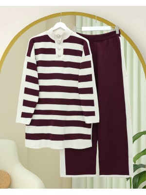 Yarım Boğazlı Yakası Düğmeli Kalın Çizgili Triko Takım -Bordo