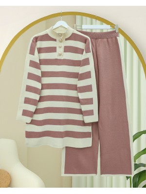 Yarım Boğazlı Yakası Düğmeli Kalın Çizgili Triko Takım -G.Kurusu