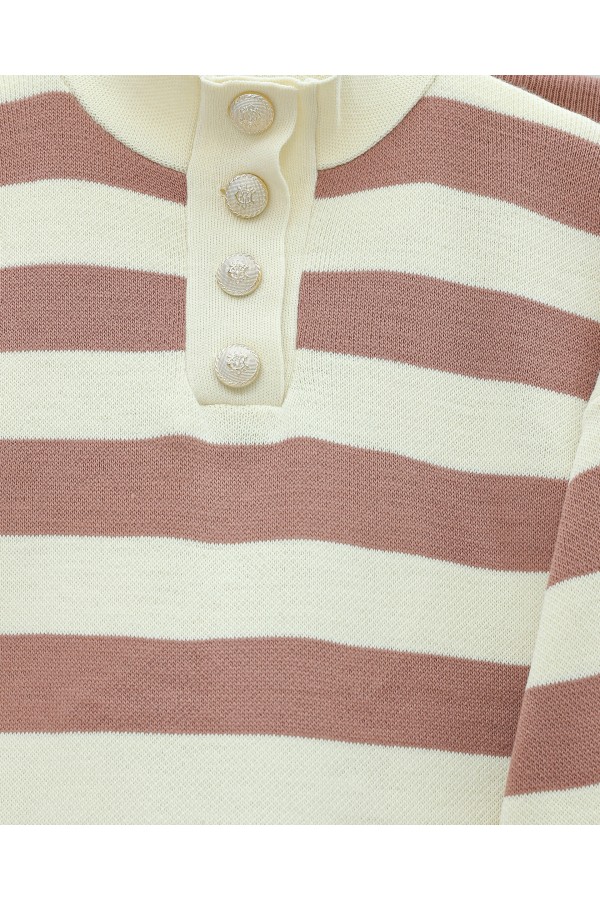 Half-Turtleneck Buttoned Collar Thick Striped Knitwear Suit -Dried rose