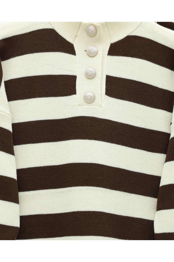 Half-Turtleneck Buttoned Collar Thick Striped Knitwear Suit -Brown
