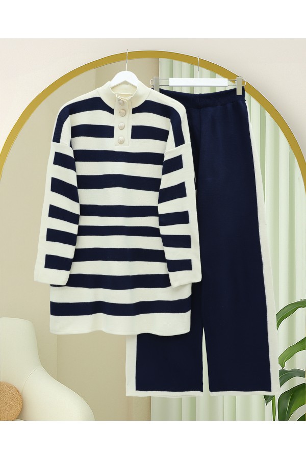 Half-Turtleneck Buttoned Collar Thick Striped Knitwear Suit -Navy blue