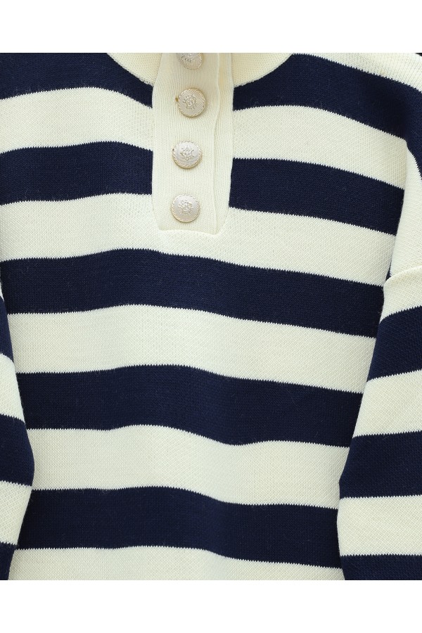 Half-Turtleneck Buttoned Collar Thick Striped Knitwear Suit -Navy blue
