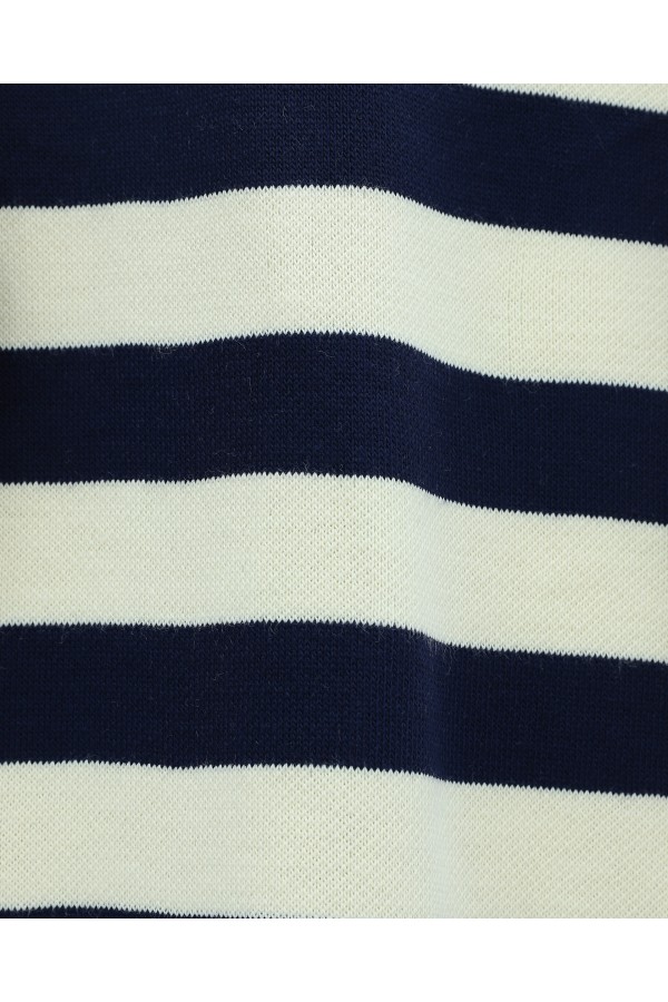 Half-Turtleneck Buttoned Collar Thick Striped Knitwear Suit -Navy blue