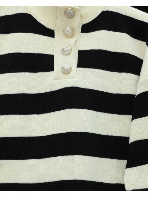 Yarım Boğazlı Yakası Düğmeli Kalın Çizgili Triko Takım -Siyah