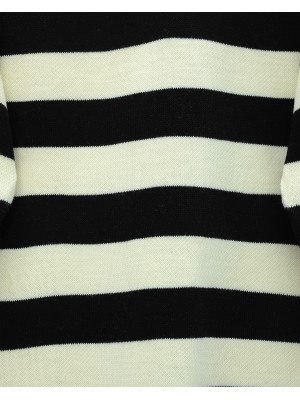 Yarım Boğazlı Yakası Düğmeli Kalın Çizgili Triko Takım -Siyah
