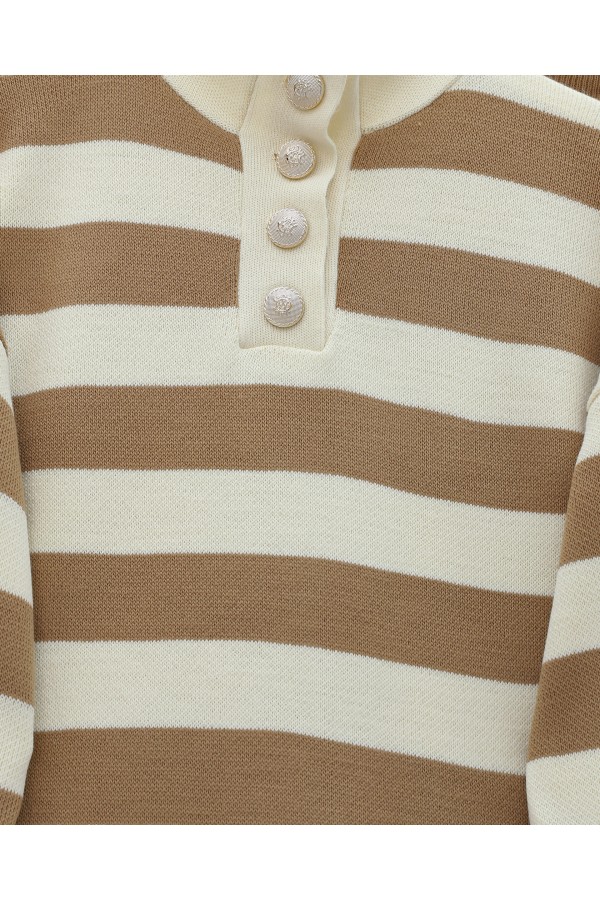 Half-Turtleneck Buttoned Collar Thick Striped Knitwear Suit -Mink color