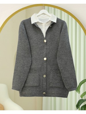 Önü Düğmeli Çift Cepli Yumoş Triko Hırka -Füme