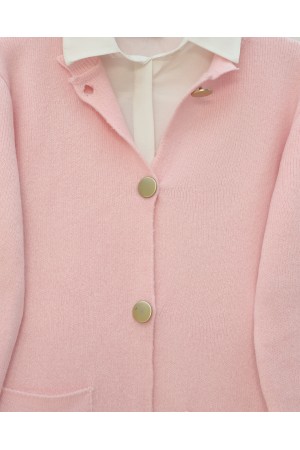 Önü Düğmeli Çift Cepli Yumoş Triko Hırka -Pudra