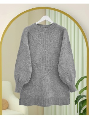 Yuvarlak Yaka Baklava Desen Yırtmaçlı Triko Kazak  -Gri