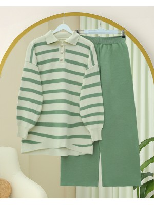 Polo Yaka Düğmeli Çizgili Triko Takım   -Yeşil