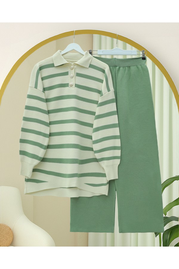 Polo Collar Buttoned Striped Knitwear Suit  -Green