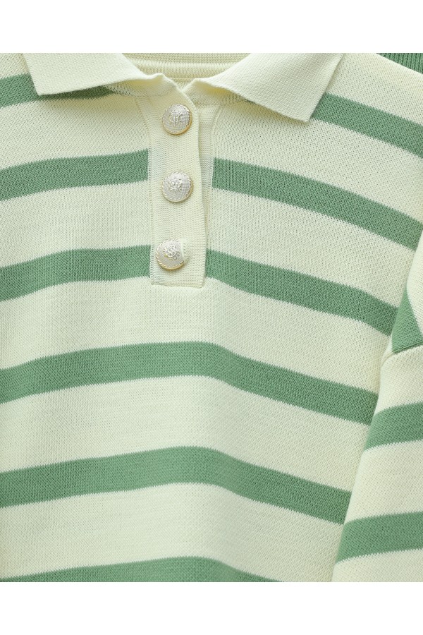 Polo Collar Buttoned Striped Knitwear Suit  -Green