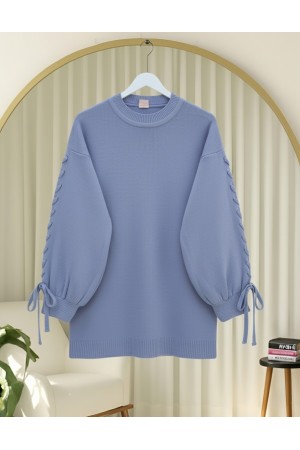 سترة محبوكة مفصلة برقبة  مستديرة    -اللون النيلي