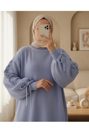 سترة محبوكة مفصلة برقبة  مستديرة    -اللون النيلي