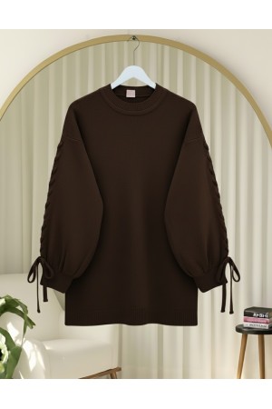Round  Neck Knitted Detailed Sweater    -Dark Coffee
