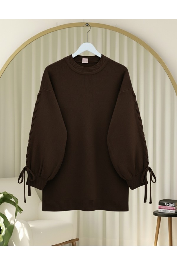 Round  Neck Knitted Detailed Sweater    -Dark Coffee