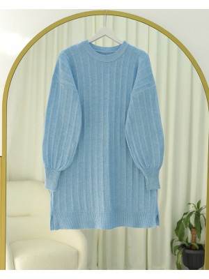 Fitilli Yırtmaçlı Yumoş Triko Tunik -Açık Mavi