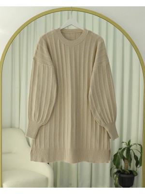 Fitilli Yırtmaçlı Yumoş Triko Tunik -Açık Vizon