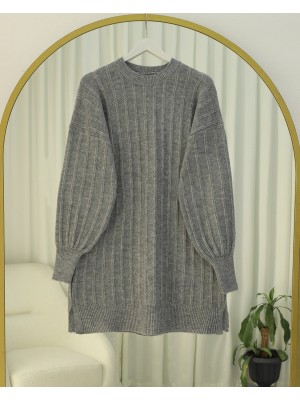 Fitilli Yırtmaçlı Yumoş Triko Tunik -Gri