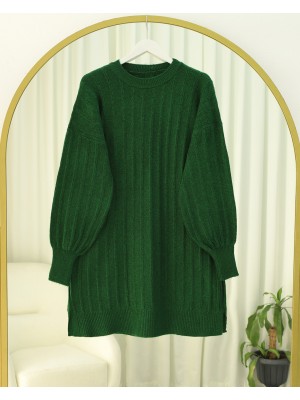 Fitilli Yırtmaçlı Yumoş Triko Tunik -Koyu Yeşil