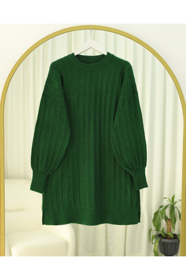 Fitilli Yırtmaçlı Yumoş Triko Tunik -Koyu Yeşil