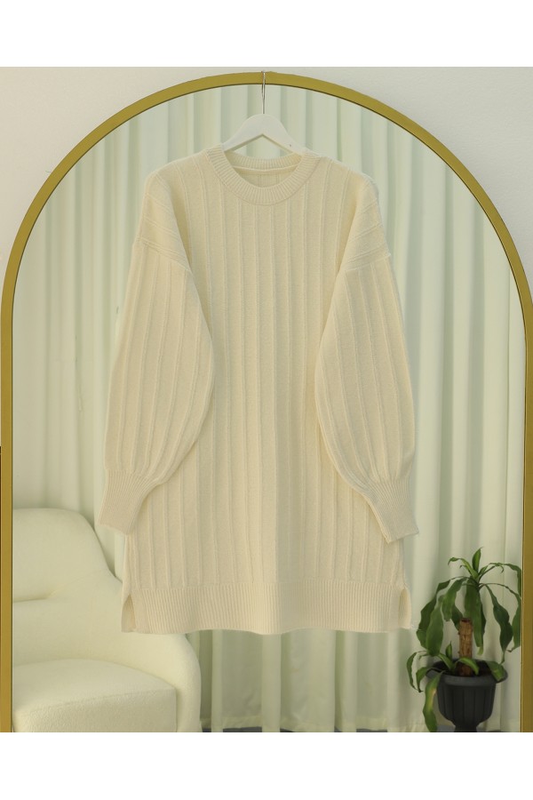 Fitilli Yırtmaçlı Yumoş Triko Tunik -Krem