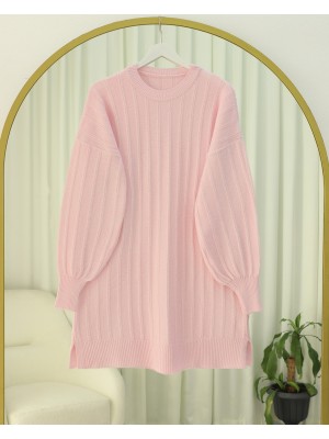 Fitilli Yırtmaçlı Yumoş Triko Tunik -Pudra