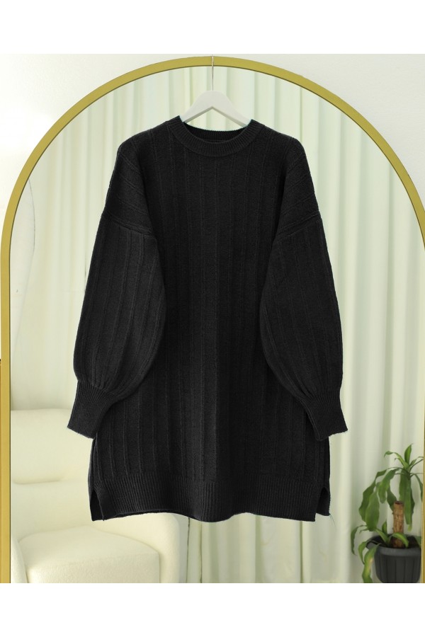 Fitilli Yırtmaçlı Yumoş Triko Tunik -Siyah