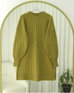 Soft Knit Tunic with Ribbed Slits -Oil Green