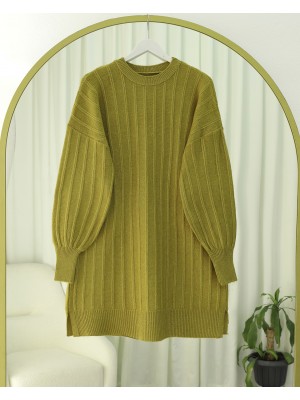 Fitilli Yırtmaçlı Yumoş Triko Tunik -Yağ Yeşili