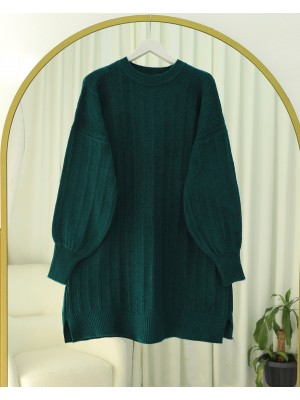 Fitilli Yırtmaçlı Yumoş Triko Tunik -Zümrüt