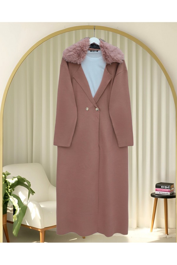 Fur Collar Double Buttoned Long Knitted Cardigan -Dried rose