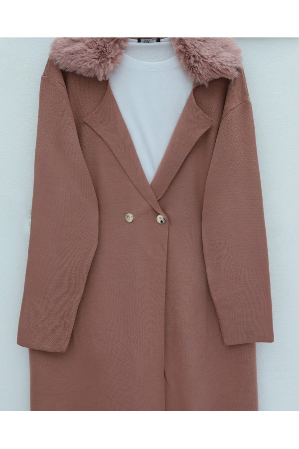 Fur Collar Double Buttoned Long Knitted Cardigan -Dried rose