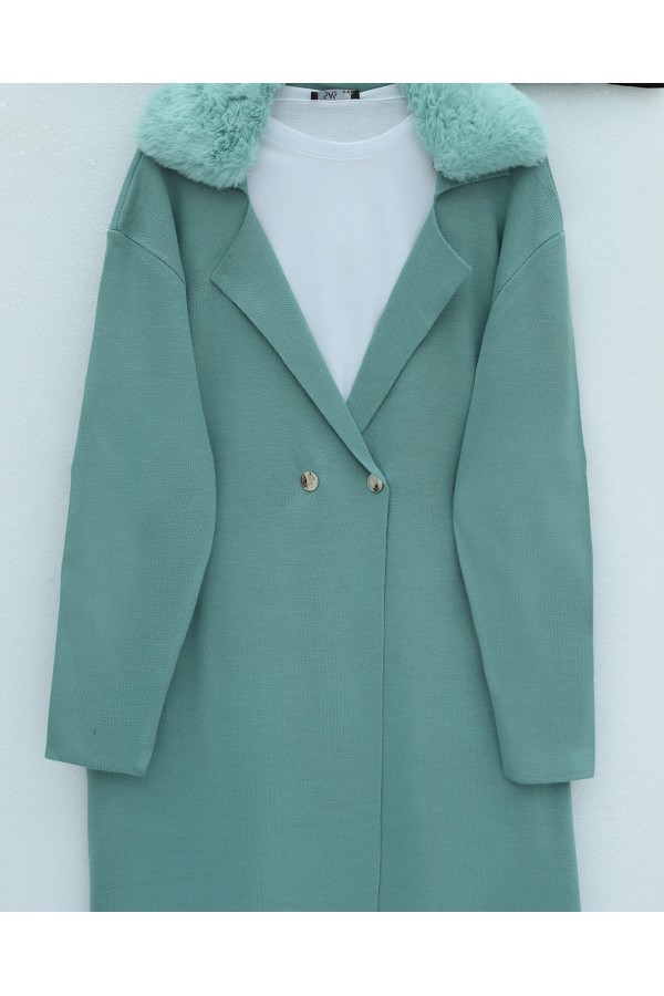 Fur Collar Double Buttoned Long Knitted Cardigan -Mint Color