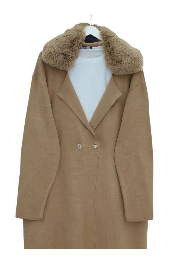 Fur Collar Double Buttoned Long Knitted Cardigan -Mink color